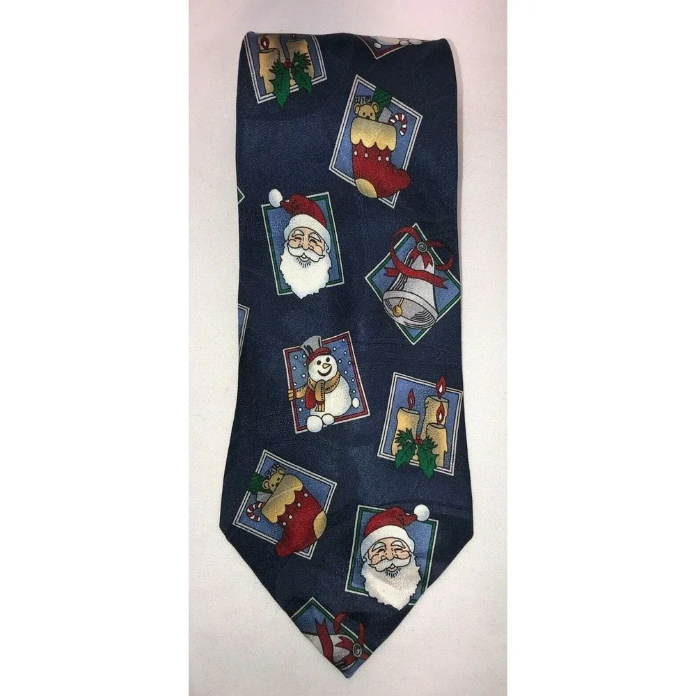 NOS‎ Massini Navy Christmas Santa Snowmen Candles Silk Neck Tie - Length 58
